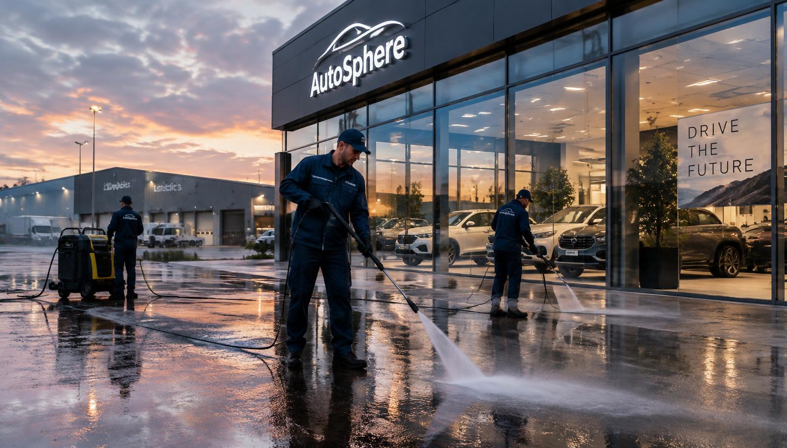 Clean & Coat team jet washing a car showroom forecourt